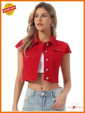 Cropped Denim Jacket Cap Sleeve Button Down Summer Jean Jacket
